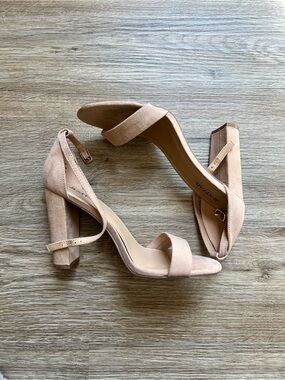 JustFab Nude Tan Suede Block Heel Sandals
